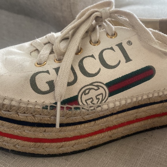 Gucci Canvas Logo Lace-Up Platform Espadrilles Greggio Grege - Picture 5 of 8